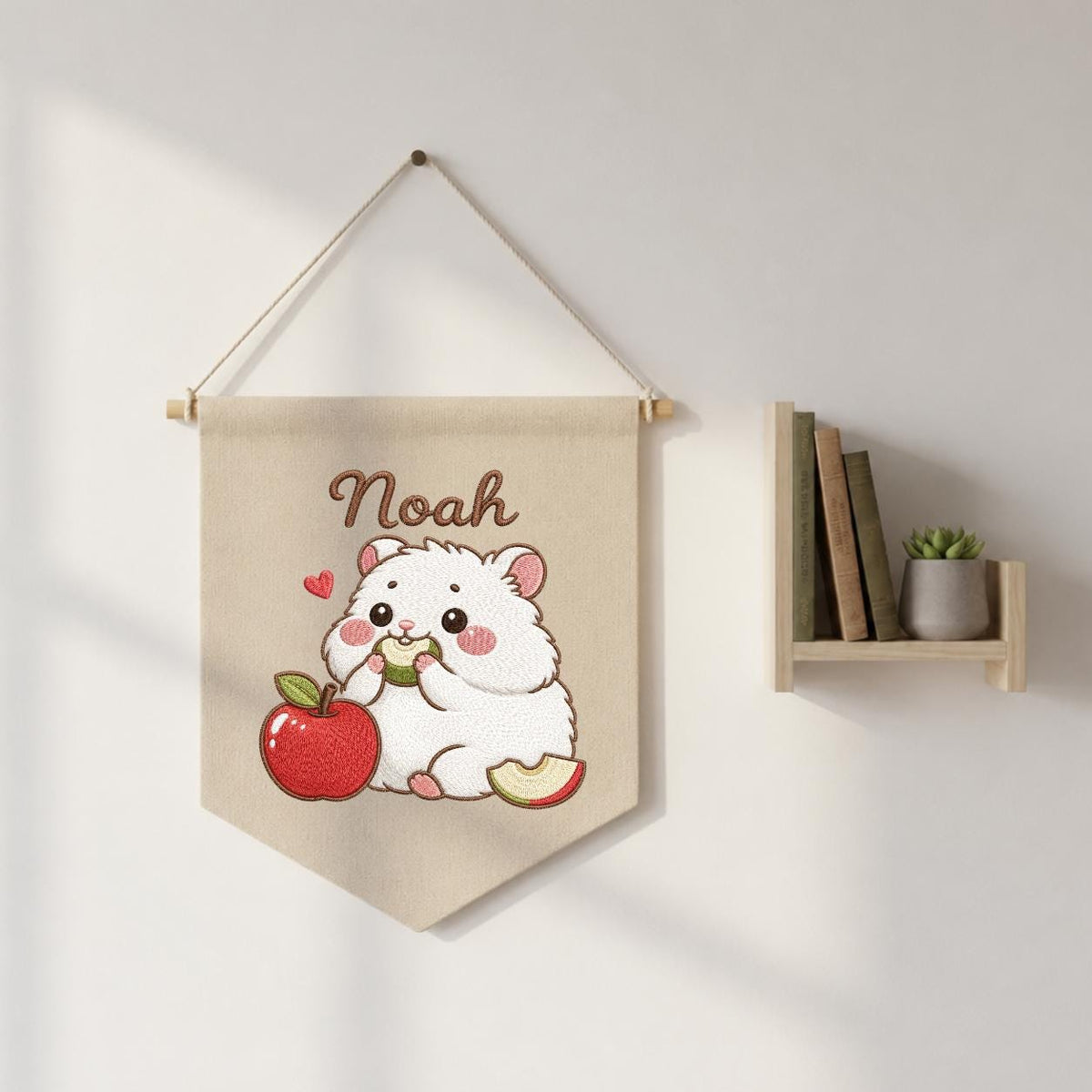 Personalized Embroidered Hamster Name Banner, Nursery Wall Decor, Apple Canvas Hanging