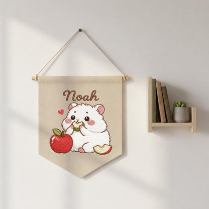 Personalized Embroidered Hamster Name Banner, Nursery Wall Decor, Apple Canvas Hanging