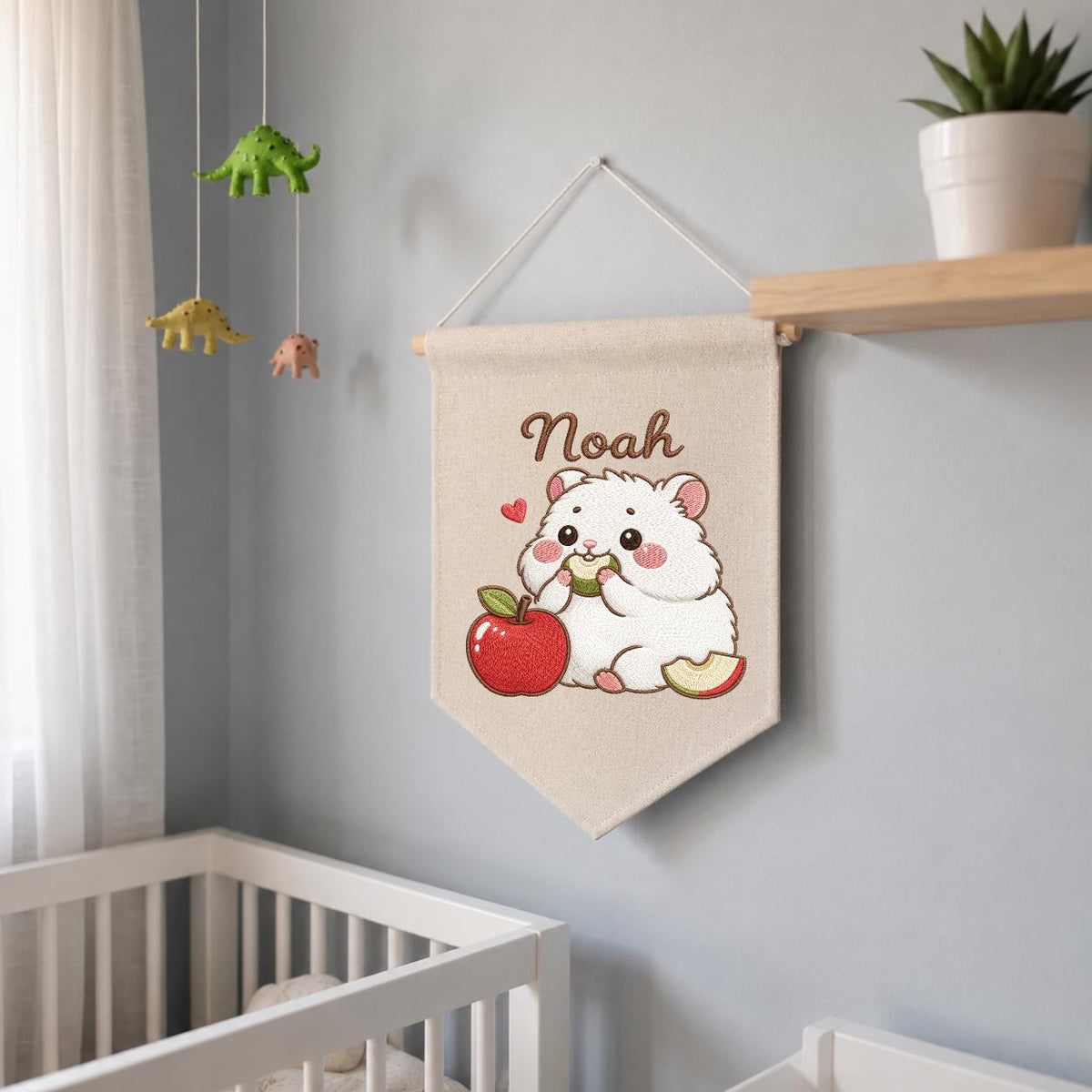 Personalized Embroidered Hamster Name Banner, Nursery Wall Decor, Apple Canvas Hanging