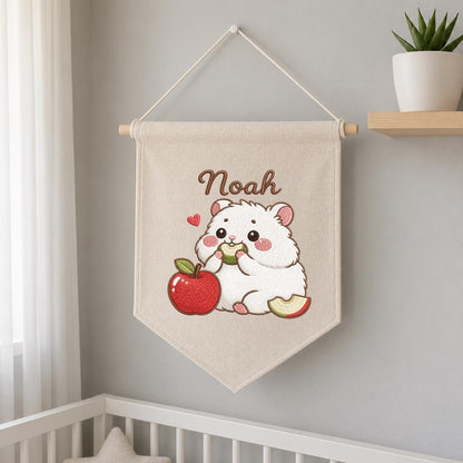 Personalized Embroidered Hamster Name Banner, Nursery Wall Decor, Apple Canvas Hanging