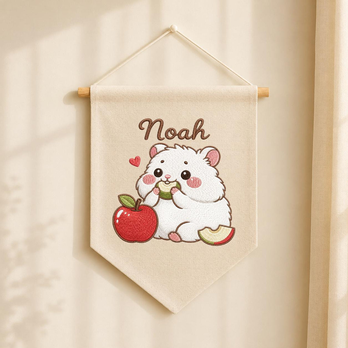 Personalized Embroidered Hamster Name Banner, Nursery Wall Decor, Apple Canvas Hanging