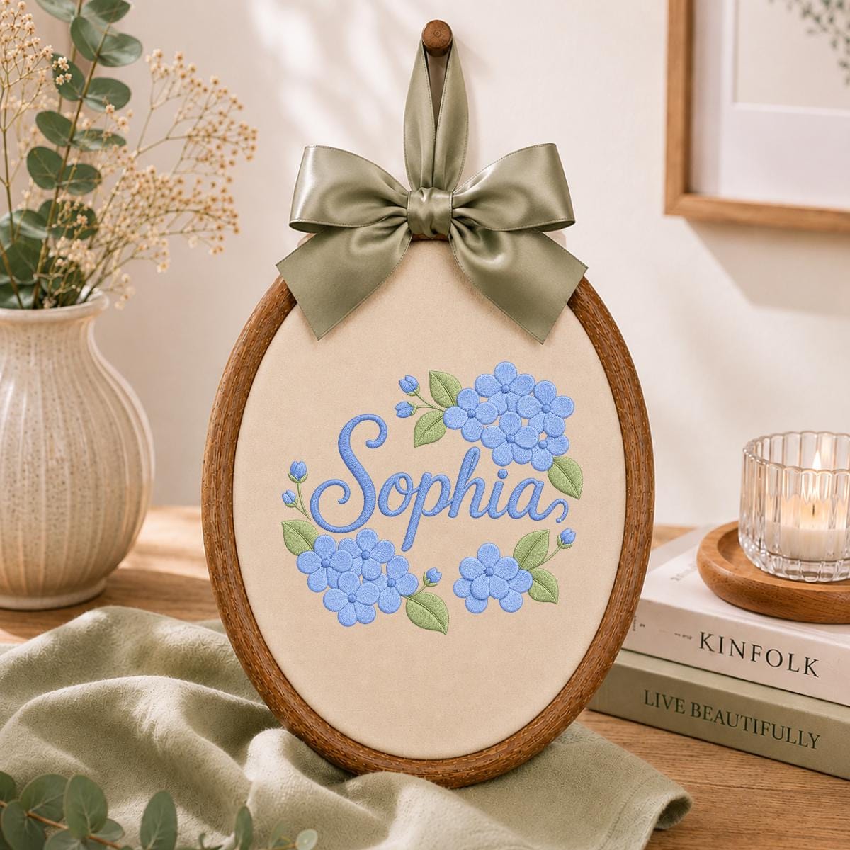 Personalized Embroidered Hoop Art, Blue Hydrangea Floral Nursery Decor