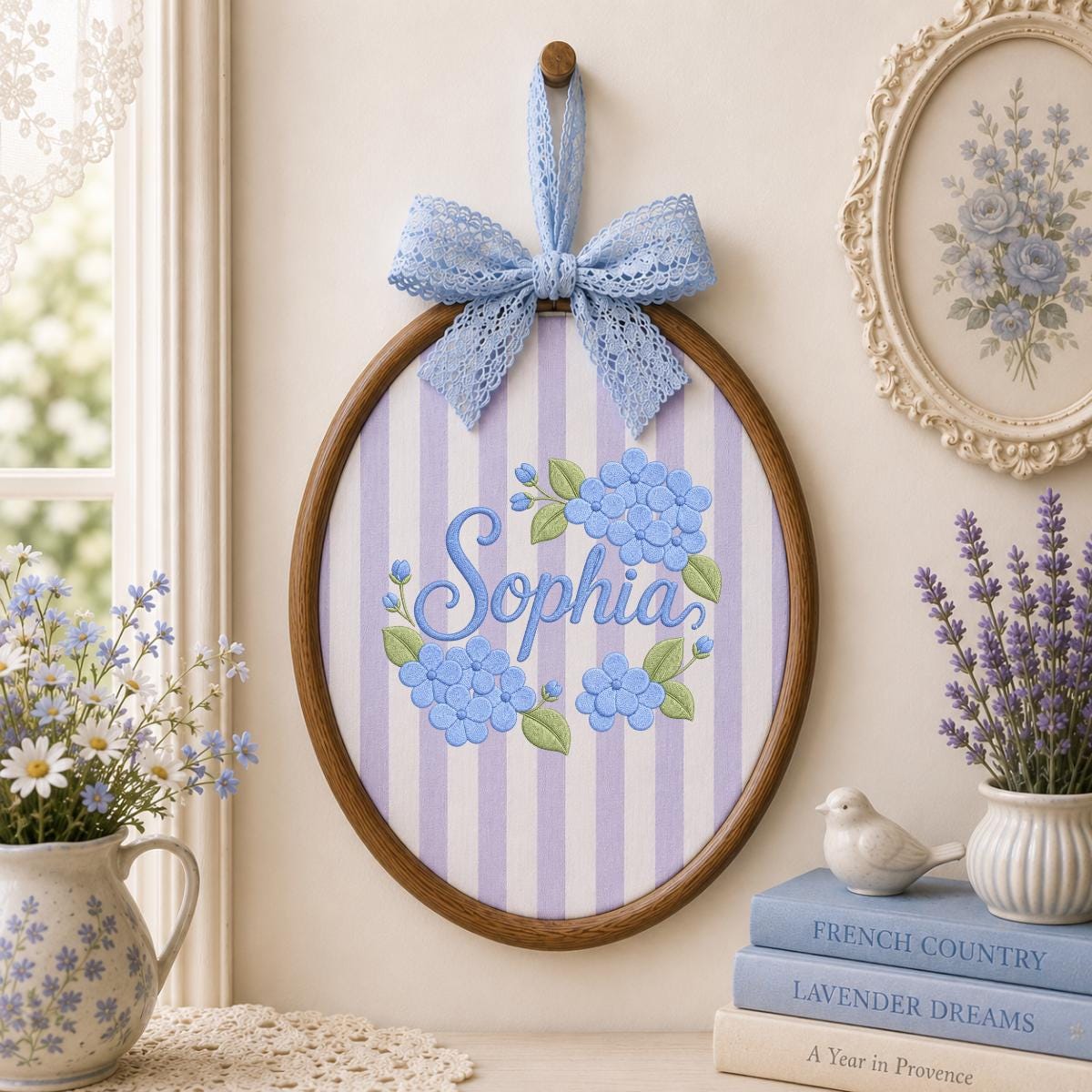 Personalized Embroidered Hoop Art, Blue Hydrangea Floral Nursery Decor
