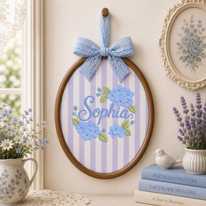 Personalized Embroidered Hoop Art, Blue Hydrangea Floral Nursery Decor