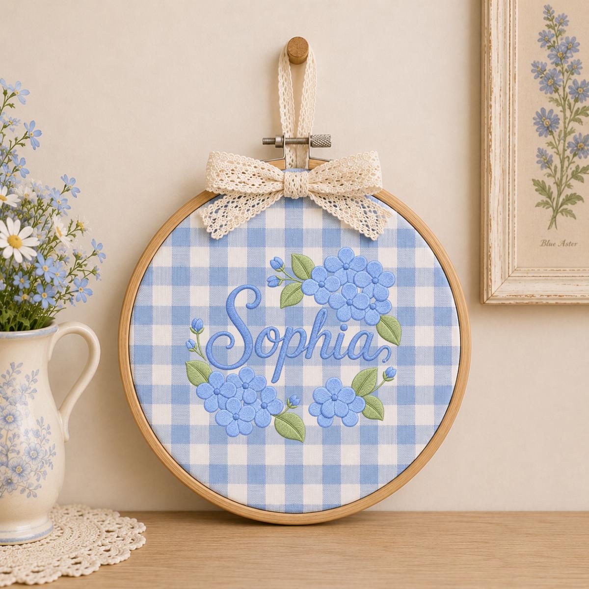 Personalized Embroidered Hoop Art, Blue Hydrangea Floral Nursery Decor