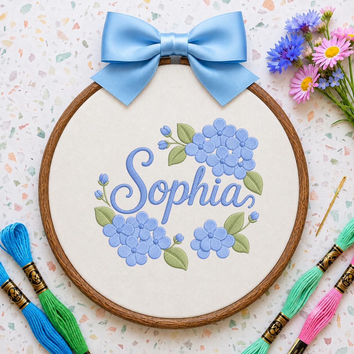 Personalized Embroidered Hoop Art, Blue Hydrangea Floral Nursery Decor