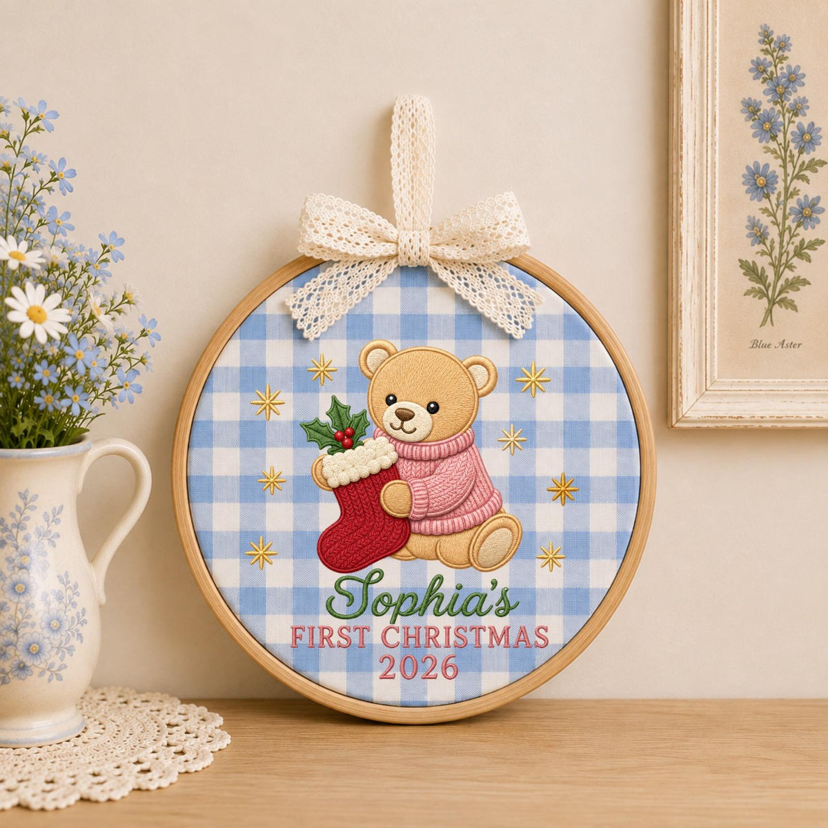Personalized Embroidered Ornament, Baby First Christmas Teddy Bear Hoop, Custom Name Christmas Decor, Newborn Holiday Keepsake Gift