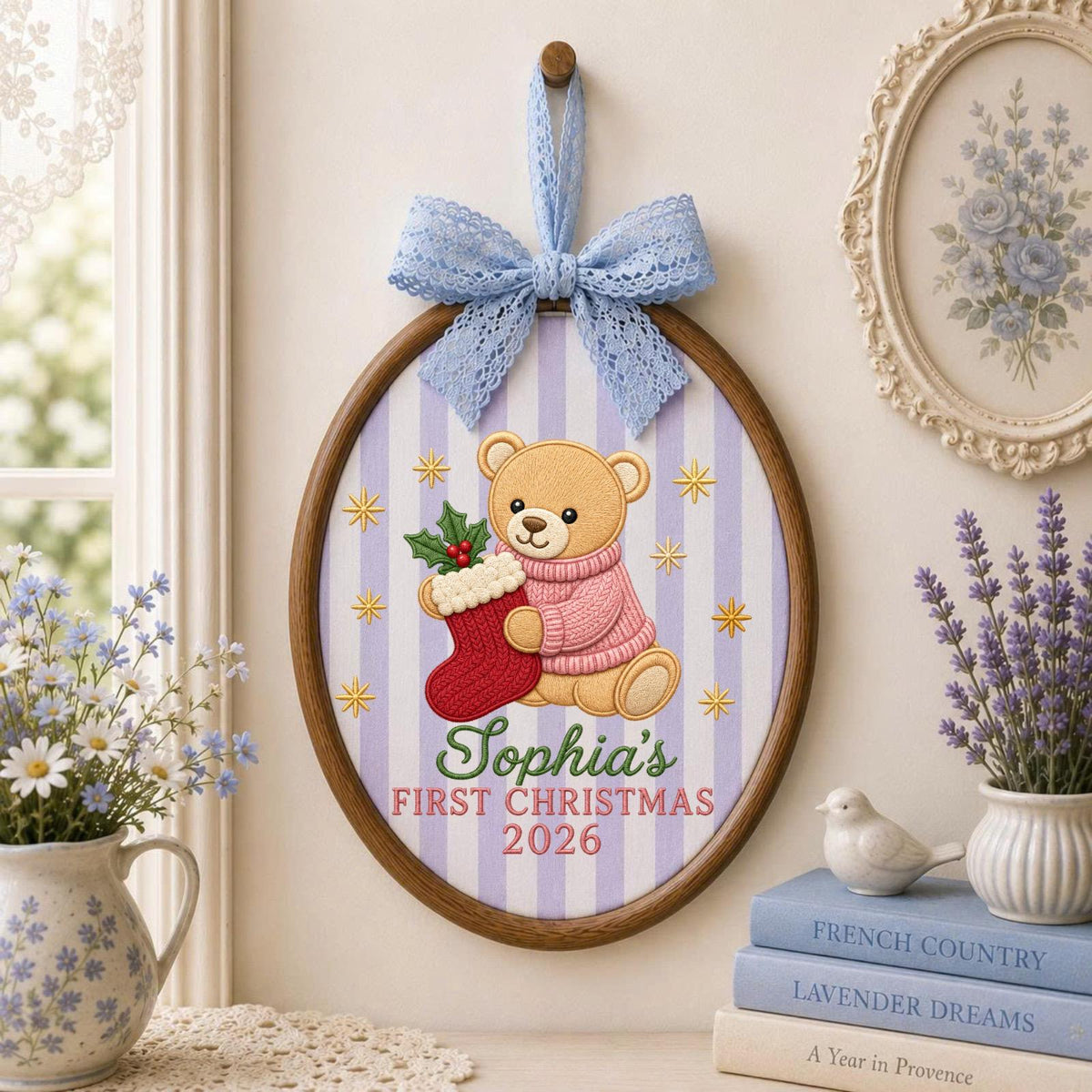 Personalized Embroidered Ornament, Baby First Christmas Teddy Bear Hoop, Custom Name Christmas Decor, Newborn Holiday Keepsake Gift