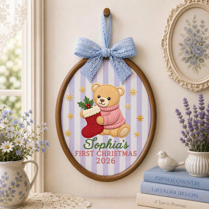 Personalized Embroidered Ornament, Baby First Christmas Teddy Bear Hoop, Custom Name Christmas Decor, Newborn Holiday Keepsake Gift