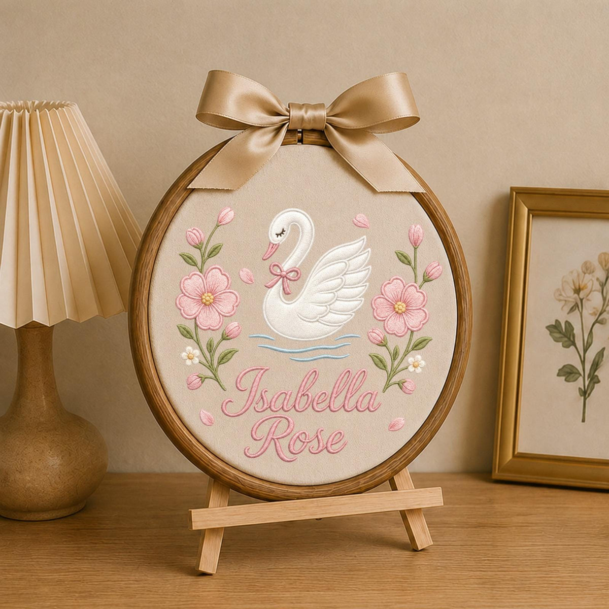 Personalized Embroidered Ornament, Swan Name Hoop, Floral Baby Girl Nursery Decor, Custom Newborn Gift, Baby Shower Keepsake
