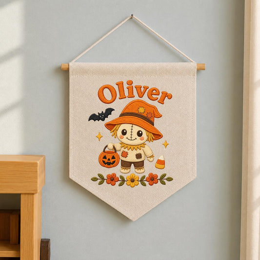Personalized Scarecrow Banner, Embroidered Halloween Name Decor, Linen Wall Hanging