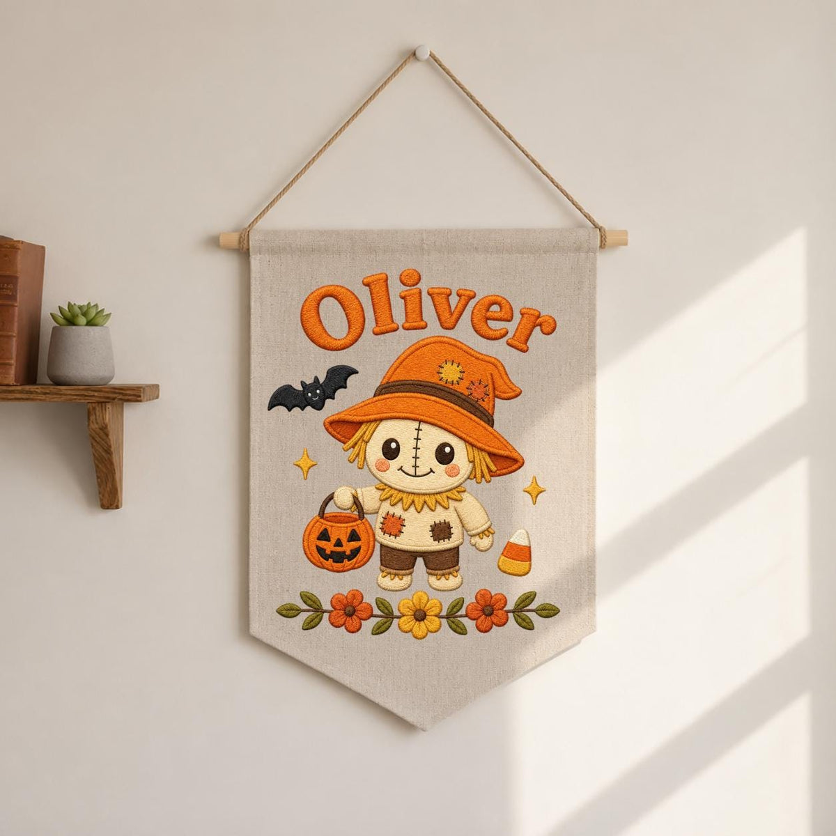 Personalized Scarecrow Banner, Embroidered Halloween Name Decor, Linen Wall Hanging