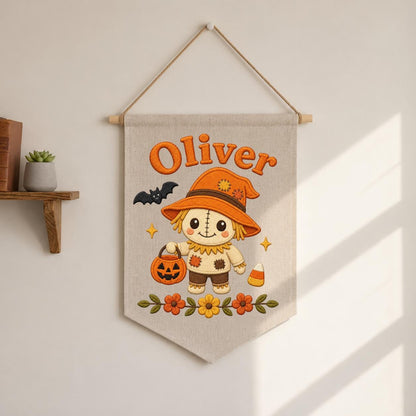 Personalized Scarecrow Banner, Embroidered Halloween Name Decor, Linen Wall Hanging
