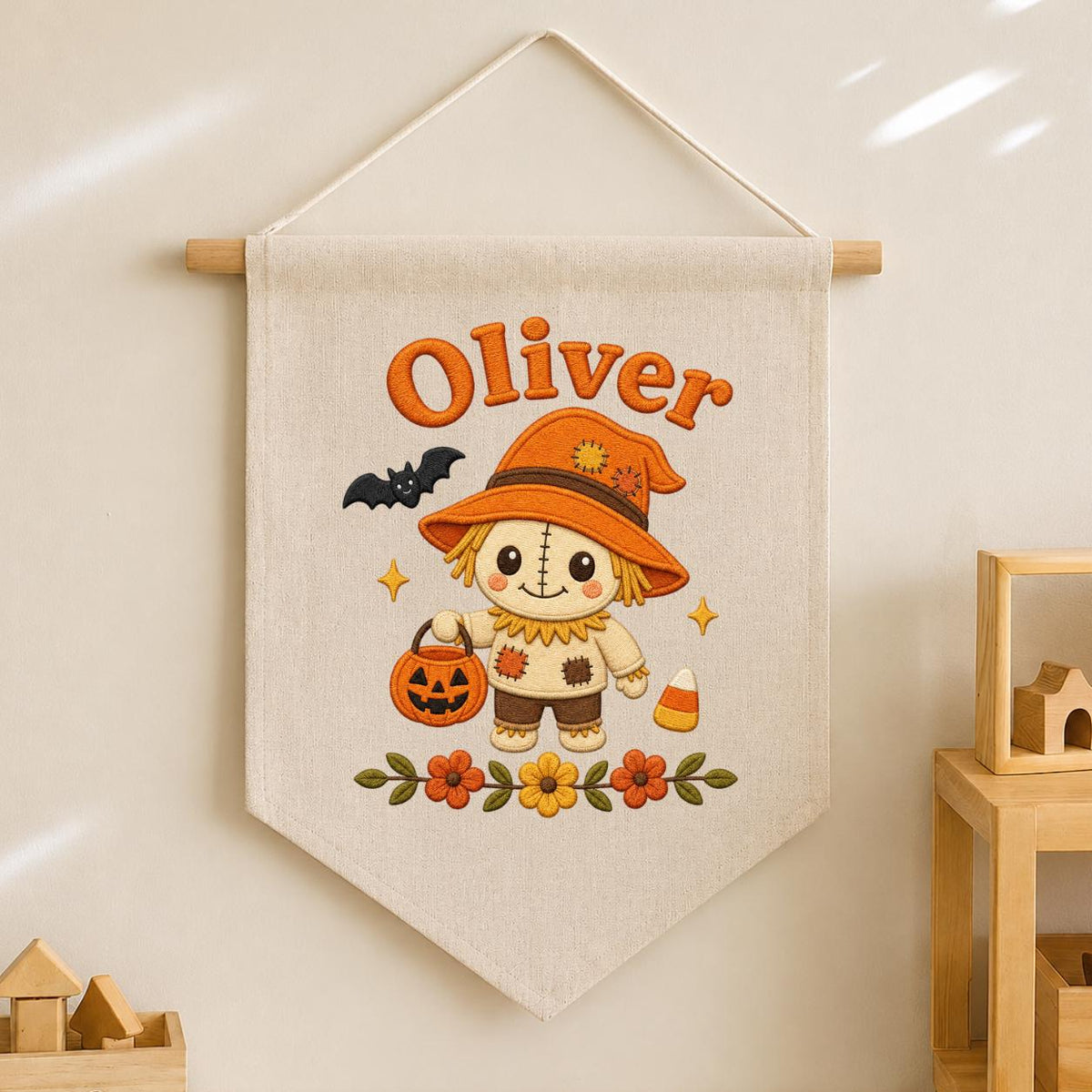 Personalized Scarecrow Banner, Embroidered Halloween Name Decor, Linen Wall Hanging