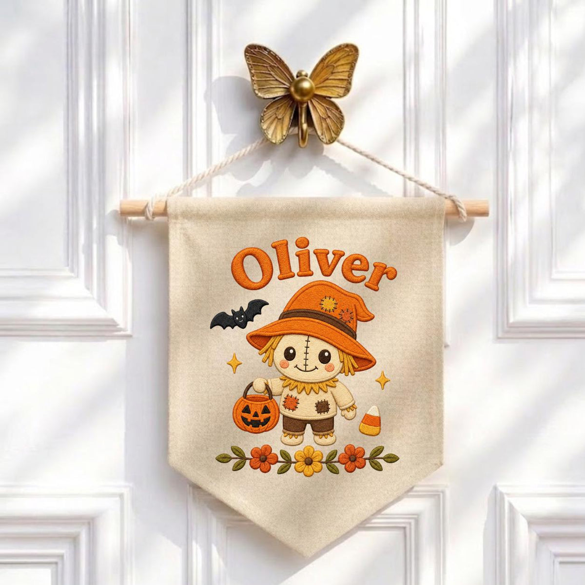 Personalized Scarecrow Banner, Embroidered Halloween Name Decor, Linen Wall Hanging
