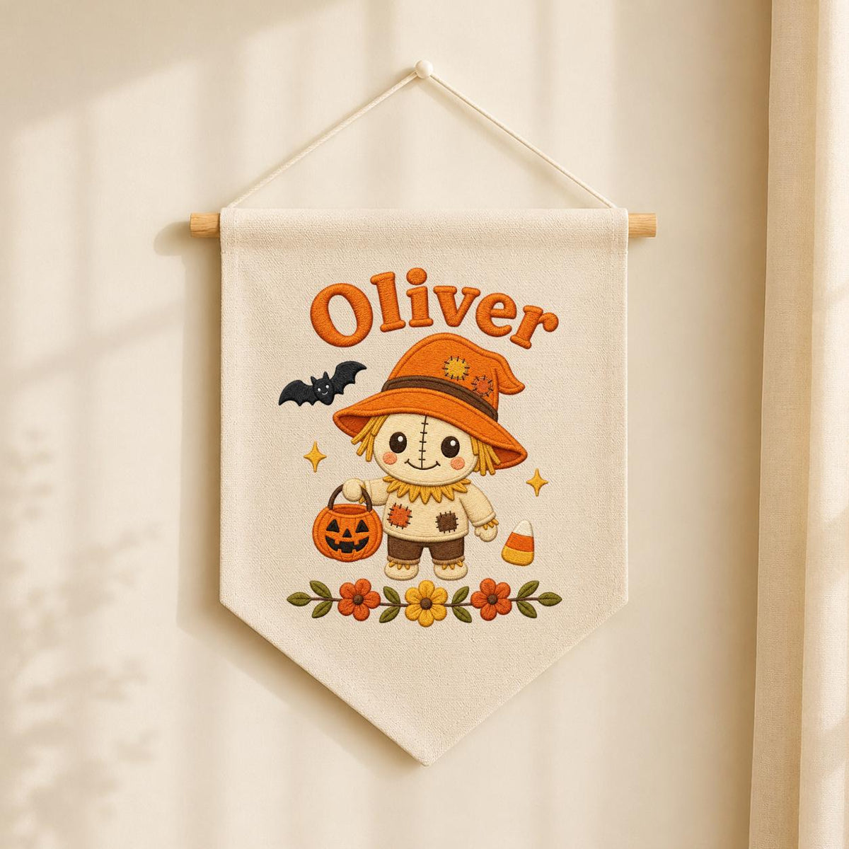 Personalized Scarecrow Banner, Embroidered Halloween Name Decor, Linen Wall Hanging