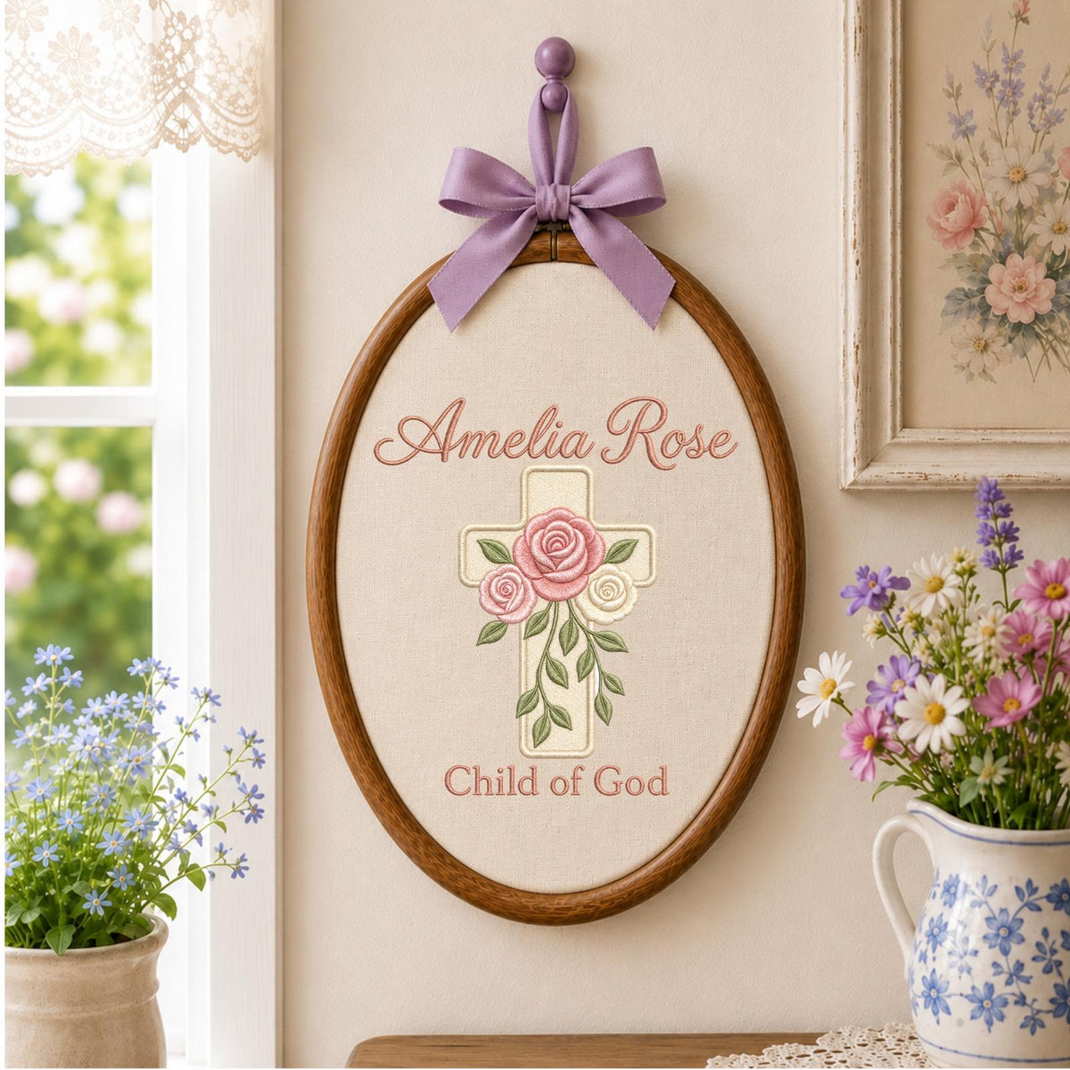 Personalized Embroidered Ornament, Floral Cross Name Hoop, Child of God Nursery Decor, Baptism Gift, Christian Baby Keepsake