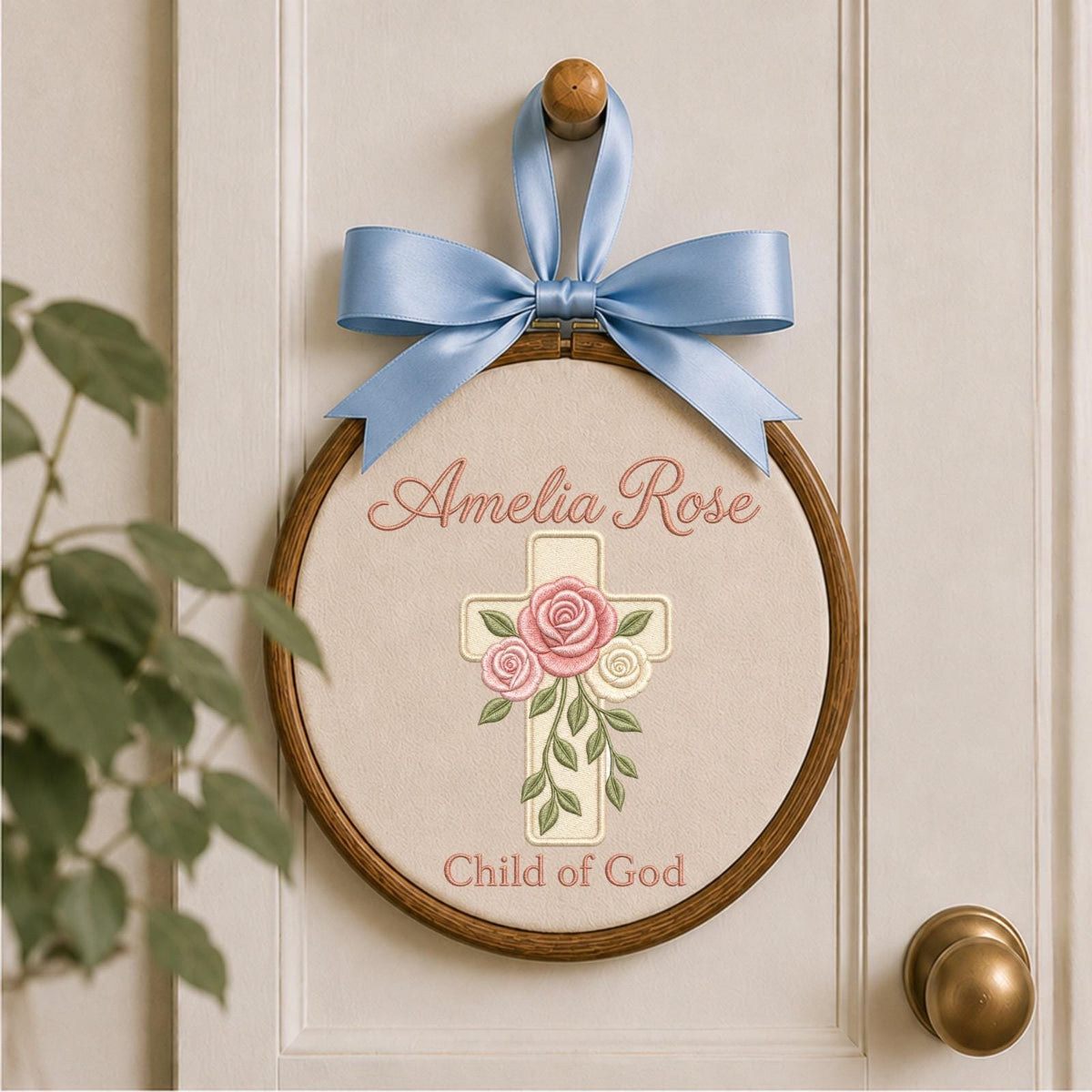 Personalized Embroidered Ornament, Floral Cross Name Hoop, Child of God Nursery Decor, Baptism Gift, Christian Baby Keepsake