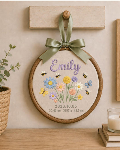 Personalized Birth Flower Embroidery Hoop, Custom Baby Name and Birth Stats Ornament, Floral Nursery Wall Decor, Newborn Keepsake Gift