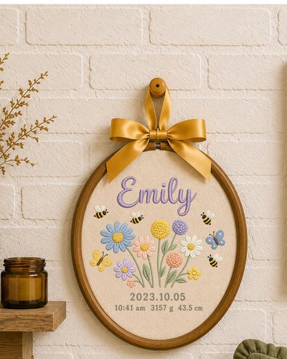 Personalized Birth Flower Embroidery Hoop, Custom Baby Name and Birth Stats Ornament, Floral Nursery Wall Decor, Newborn Keepsake Gift