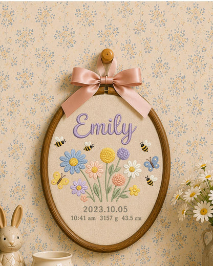 Personalized Birth Flower Embroidery Hoop, Custom Baby Name and Birth Stats Ornament, Floral Nursery Wall Decor, Newborn Keepsake Gift