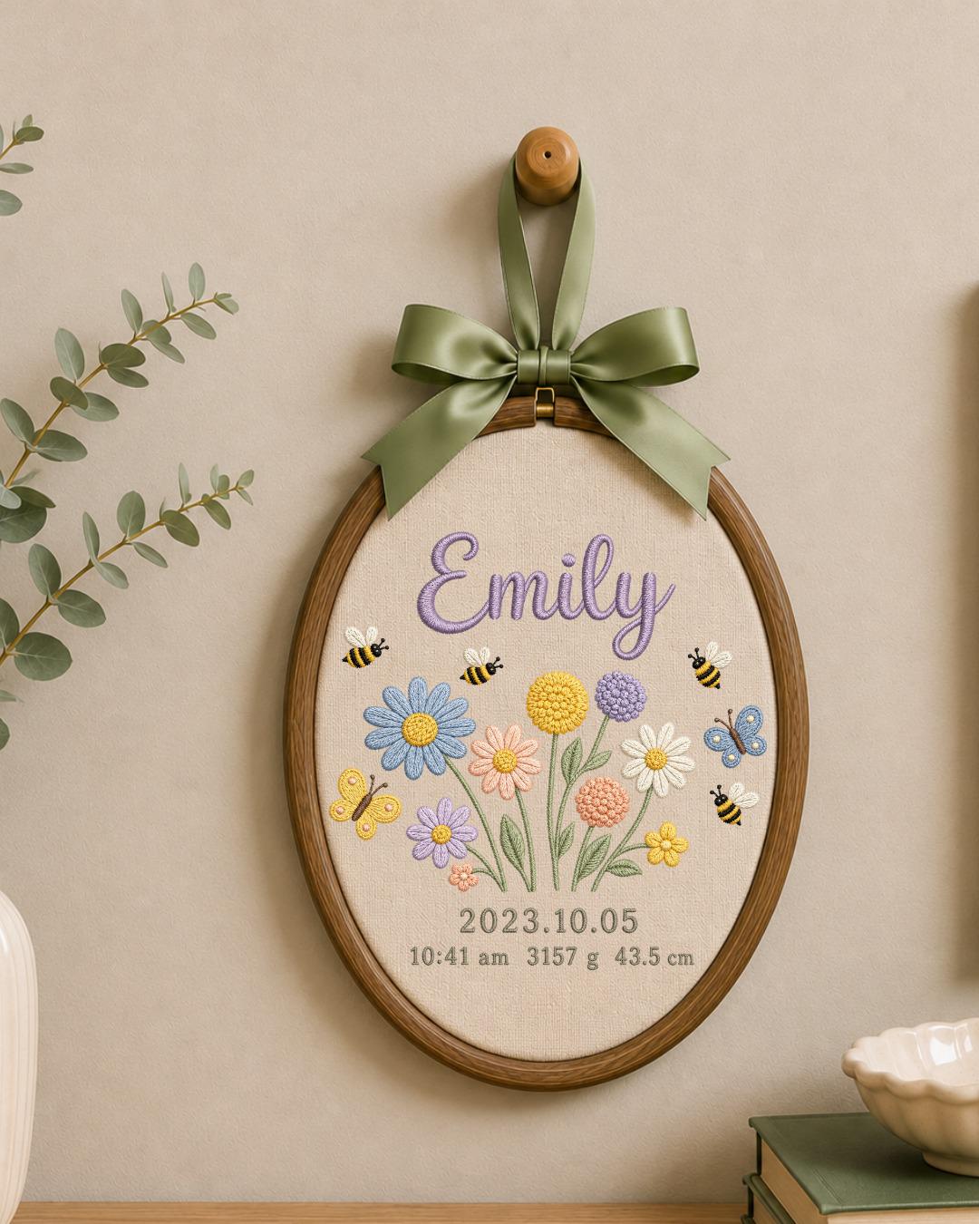 Personalized Birth Flower Embroidery Hoop, Custom Baby Name and Birth Stats Ornament, Floral Nursery Wall Decor, Newborn Keepsake Gift