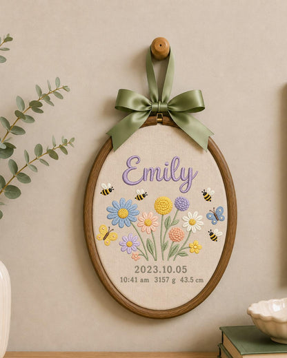 Personalized Birth Flower Embroidery Hoop, Custom Baby Name and Birth Stats Ornament, Floral Nursery Wall Decor, Newborn Keepsake Gift