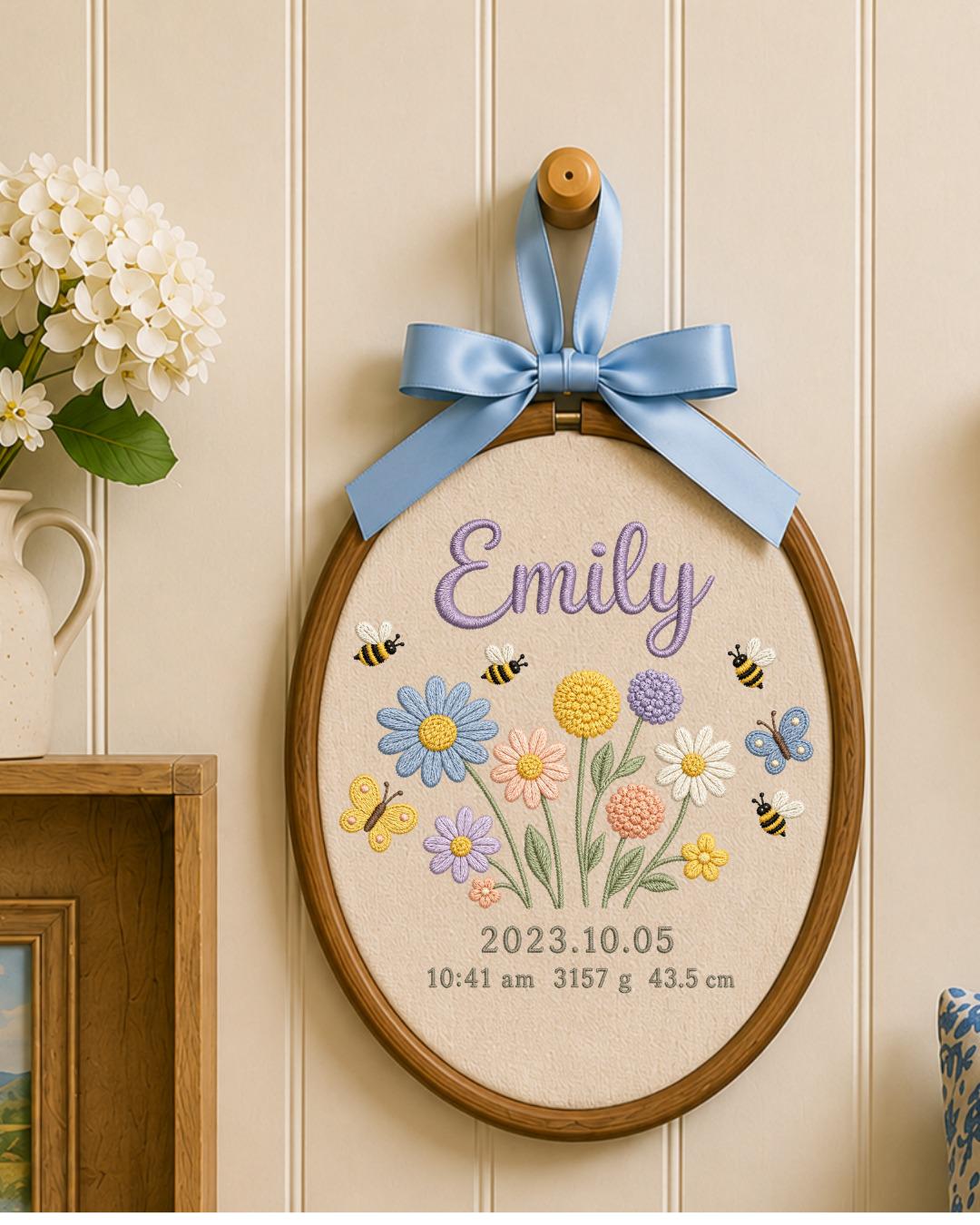 Personalized Birth Flower Embroidery Hoop, Custom Baby Name and Birth Stats Ornament, Floral Nursery Wall Decor, Newborn Keepsake Gift