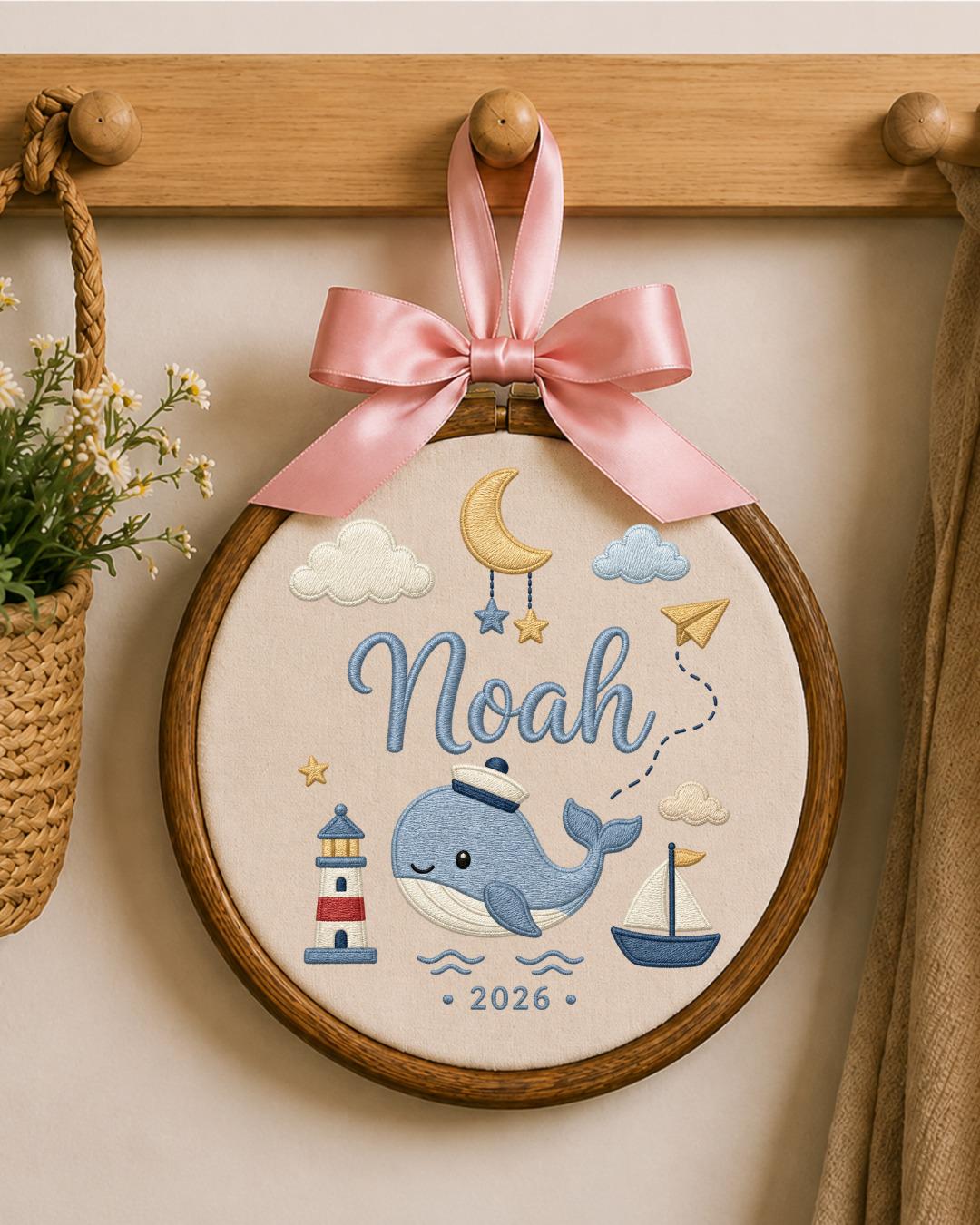 Personalized Whale Embroidery Hoop, Custom Baby Name Ornament, Nautical Nursery Wall Decor, Baby Boy Room Sign, Newborn Keepsake Gift
