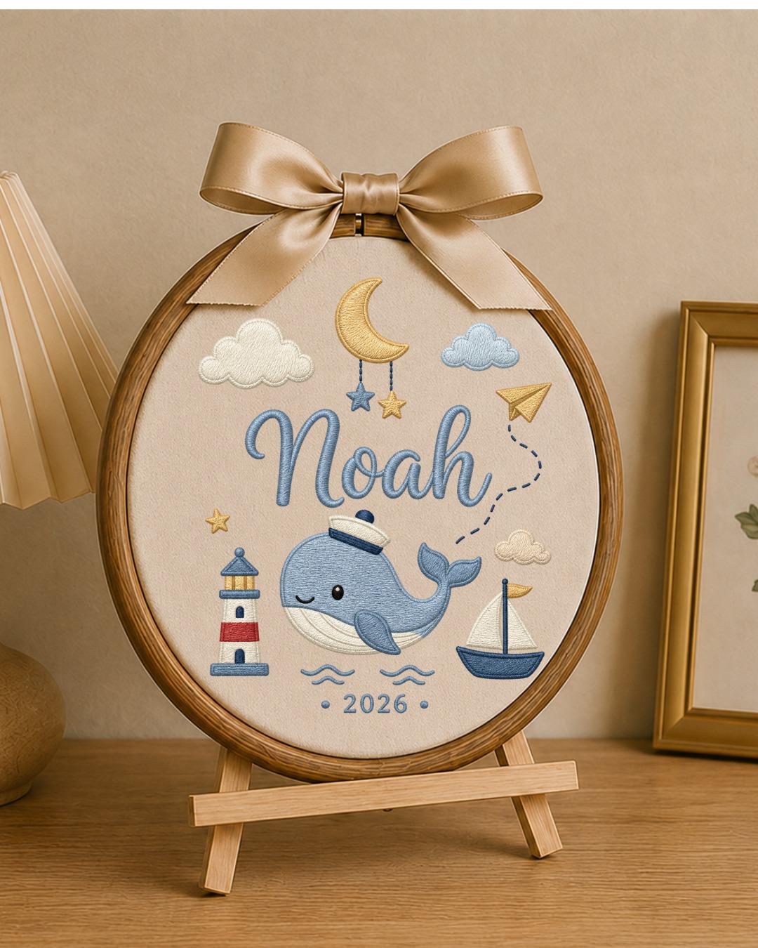Personalized Whale Embroidery Hoop, Custom Baby Name Ornament, Nautical Nursery Wall Decor, Baby Boy Room Sign, Newborn Keepsake Gift