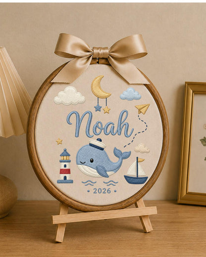 Personalized Whale Embroidery Hoop, Custom Baby Name Ornament, Nautical Nursery Wall Decor, Baby Boy Room Sign, Newborn Keepsake Gift