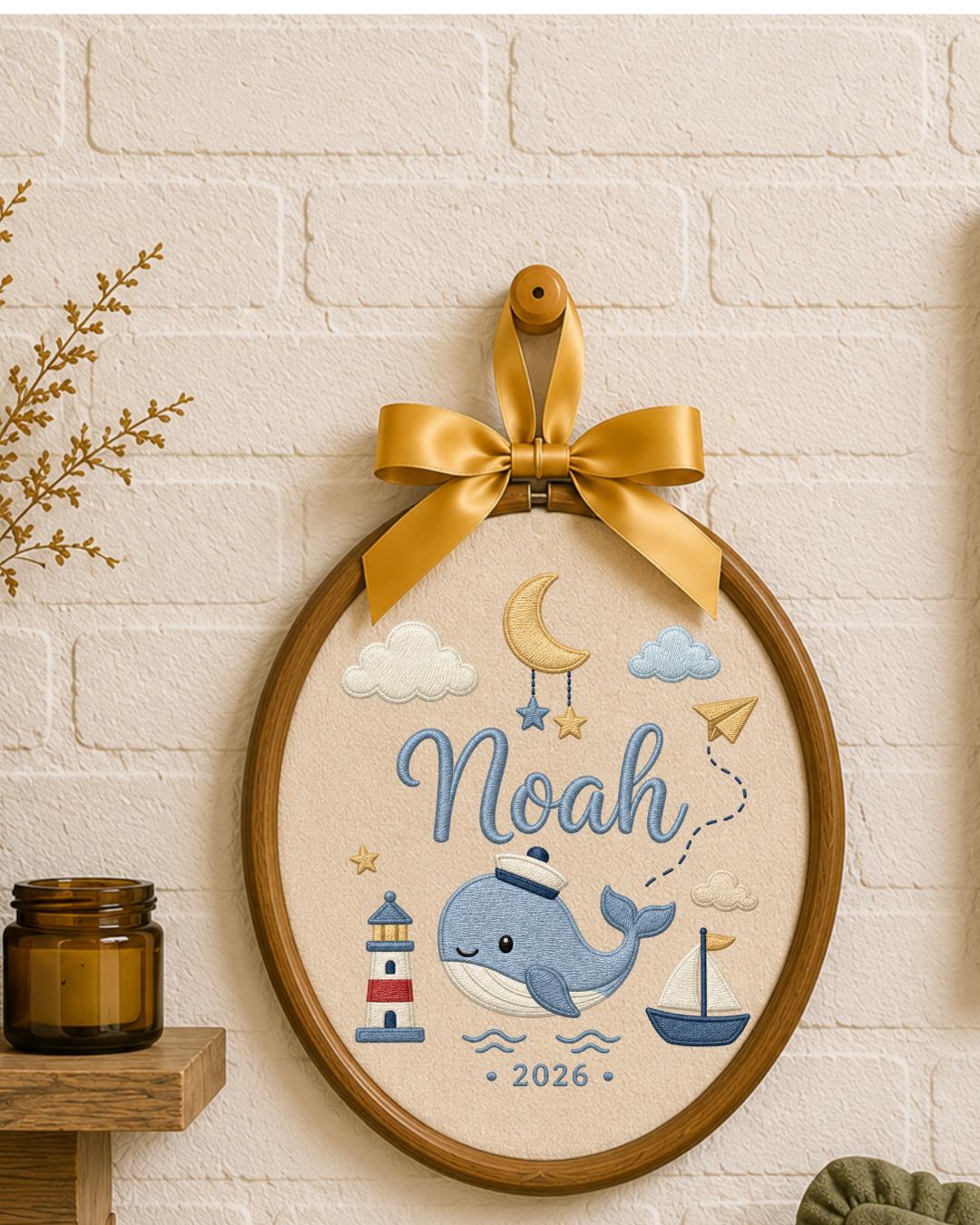 Personalized Whale Embroidery Hoop, Custom Baby Name Ornament, Nautical Nursery Wall Decor, Baby Boy Room Sign, Newborn Keepsake Gift