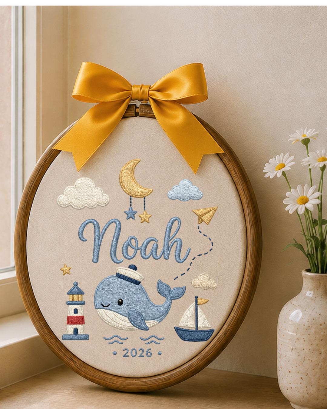 Personalized Whale Embroidery Hoop, Custom Baby Name Ornament, Nautical Nursery Wall Decor, Baby Boy Room Sign, Newborn Keepsake Gift
