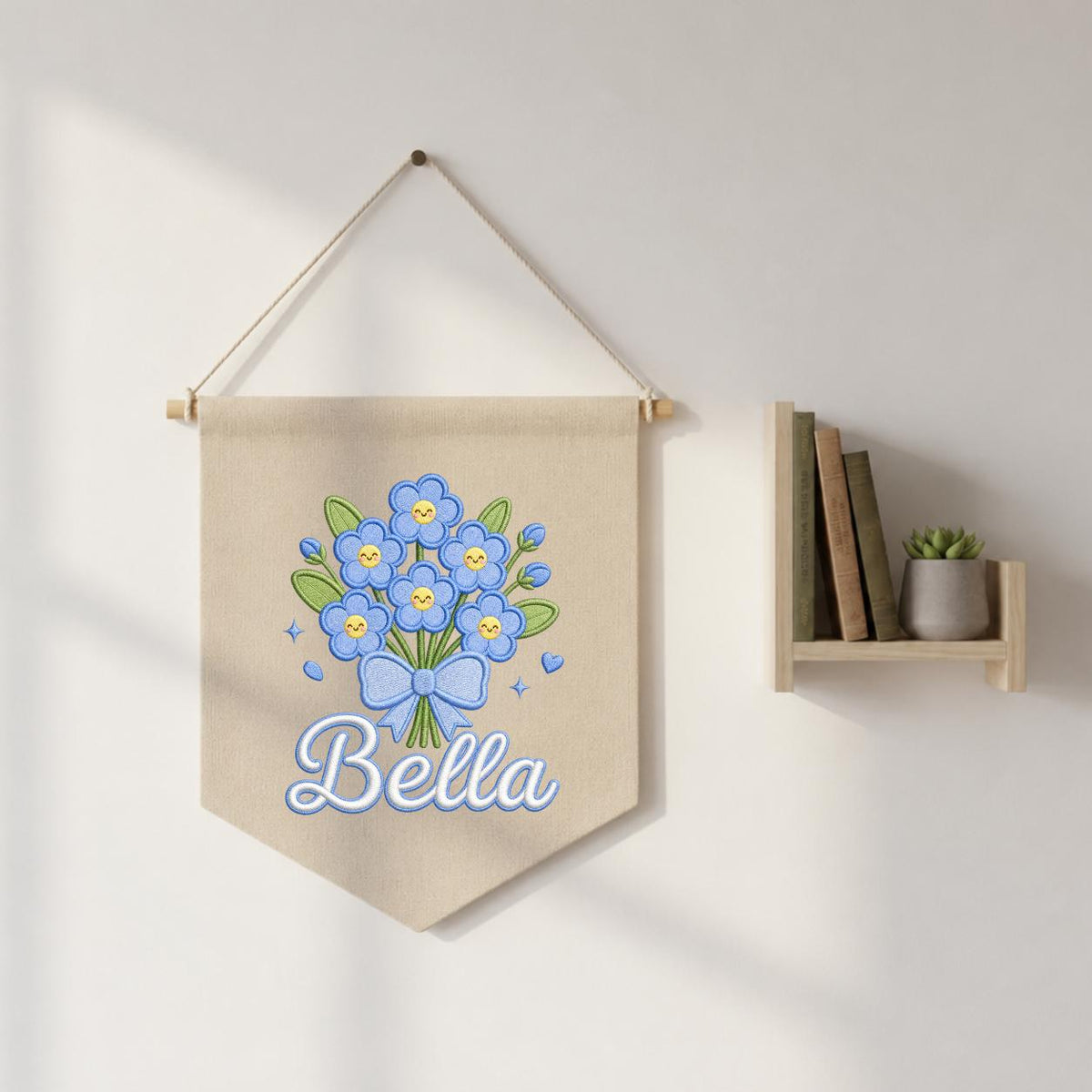 Personalized Embroidered Linen Banner, Blue Forget Me Not Floral Nursery Decor