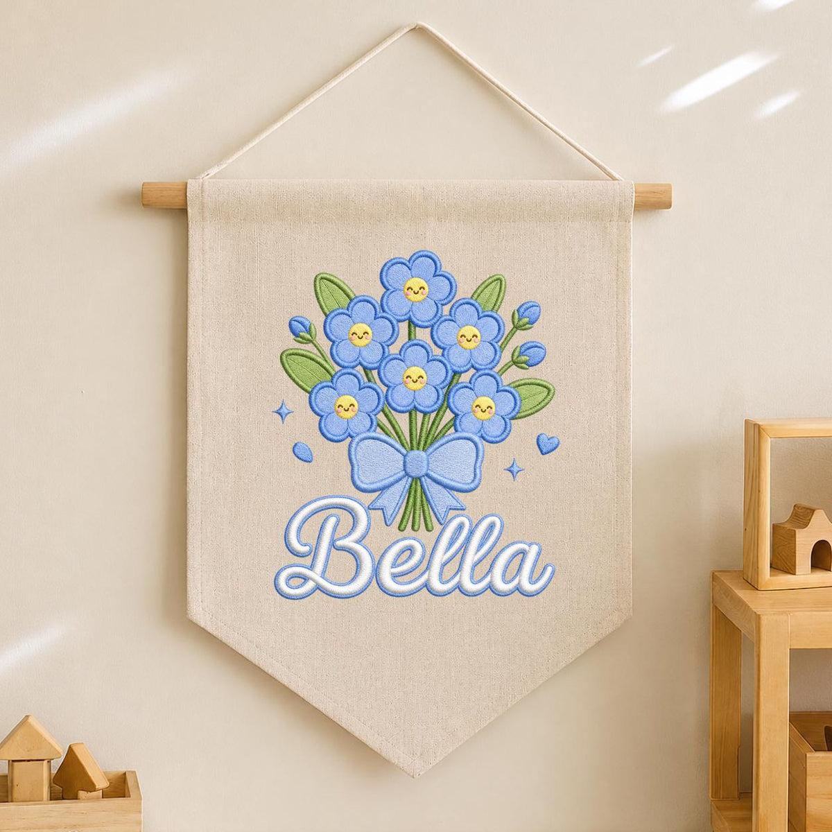 Personalized Embroidered Linen Banner, Blue Forget Me Not Floral Nursery Decor