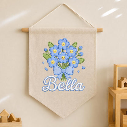 Personalized Embroidered Linen Banner, Blue Forget Me Not Floral Nursery Decor