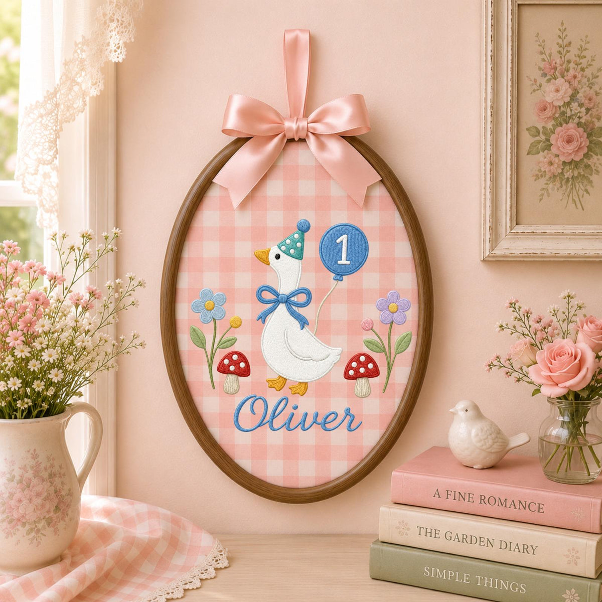 Personalized Embroidered Ornament, Goose 1st Birthday Name Hoop, Custom Baby Birthday Decor, First Birthday Gift, Nursery Keepsake