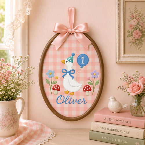 Personalized Embroidered Ornament, Goose 1st Birthday Name Hoop, Custom Baby Birthday Decor, First Birthday Gift, Nursery Keepsake