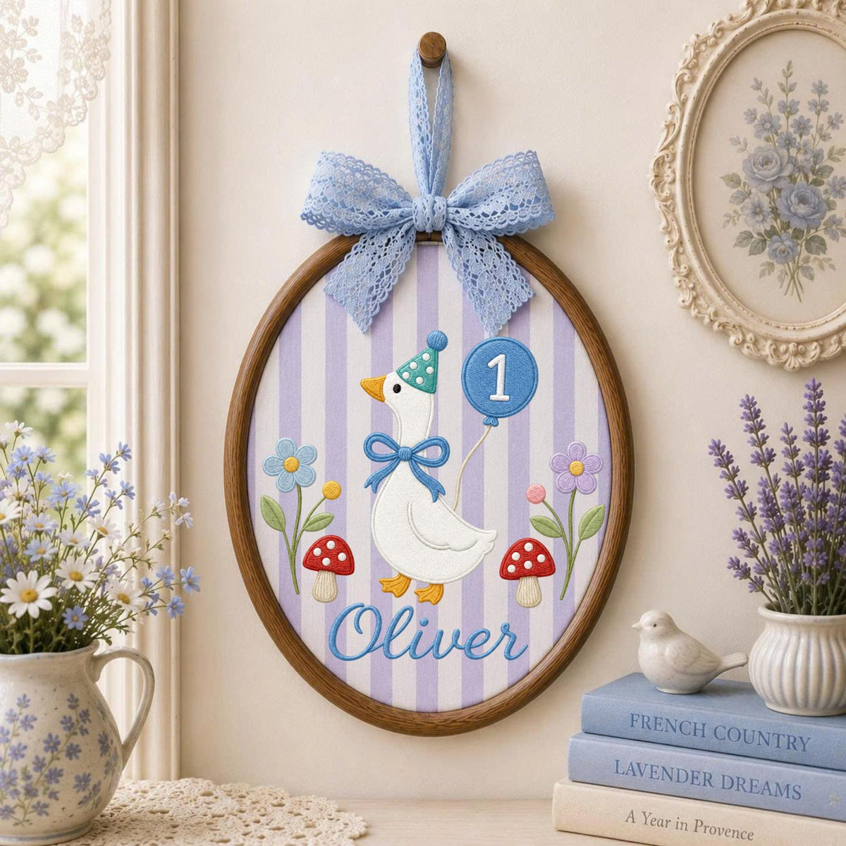 Personalized Embroidered Ornament, Goose 1st Birthday Name Hoop, Custom Baby Birthday Decor, First Birthday Gift, Nursery Keepsake