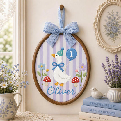 Personalized Embroidered Ornament, Goose 1st Birthday Name Hoop, Custom Baby Birthday Decor, First Birthday Gift, Nursery Keepsake