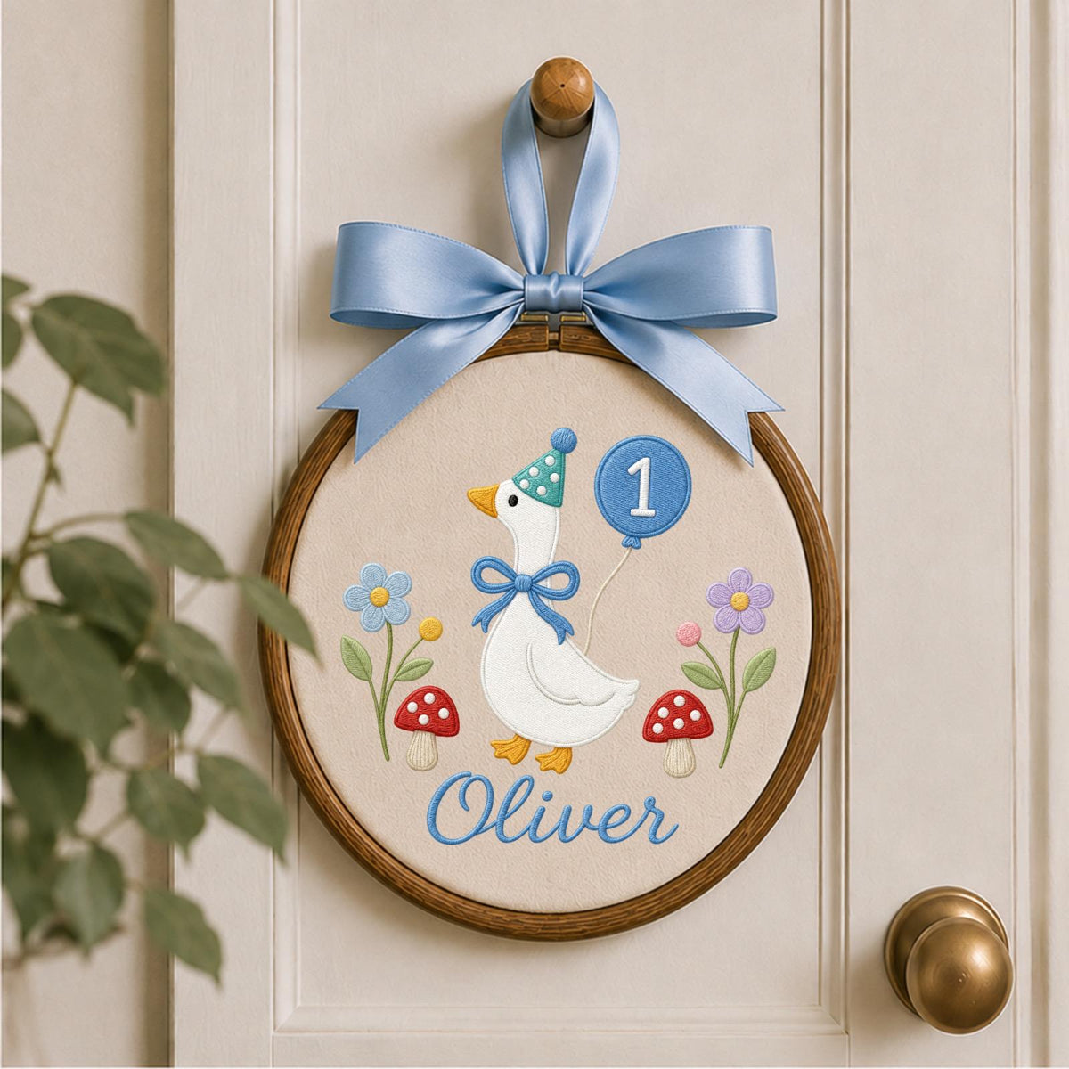 Personalized Embroidered Ornament, Goose 1st Birthday Name Hoop, Custom Baby Birthday Decor, First Birthday Gift, Nursery Keepsake
