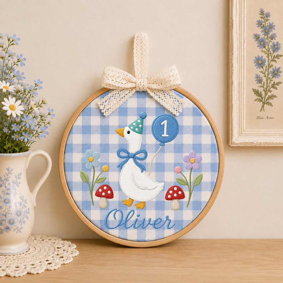 Personalized Embroidered Ornament, Goose 1st Birthday Name Hoop, Custom Baby Birthday Decor, First Birthday Gift, Nursery Keepsake