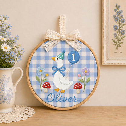 Personalized Embroidered Ornament, Goose 1st Birthday Name Hoop, Custom Baby Birthday Decor, First Birthday Gift, Nursery Keepsake
