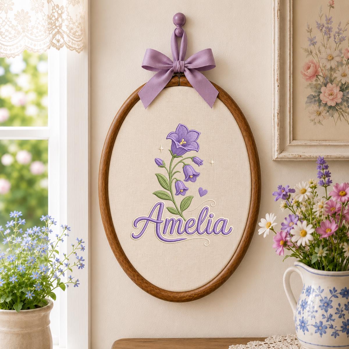 Personalized Embroidered Hoop Art, Custom Name Bellflower Nursery Decor, Lavender Floral Wall Hanging