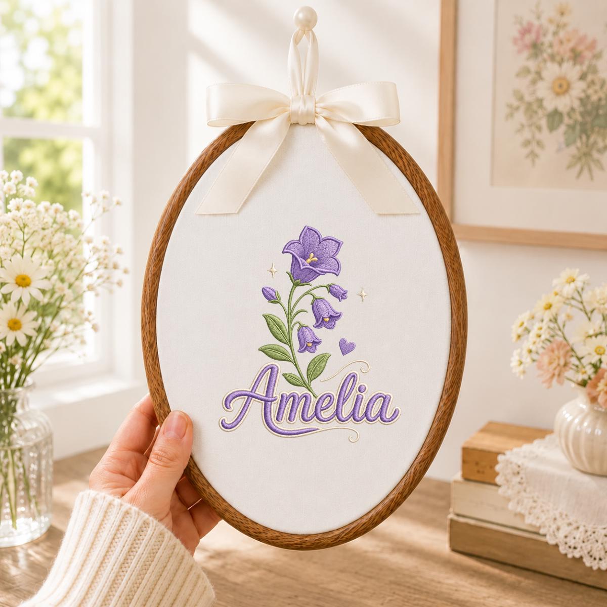 Personalized Embroidered Hoop Art, Custom Name Bellflower Nursery Decor, Lavender Floral Wall Hanging