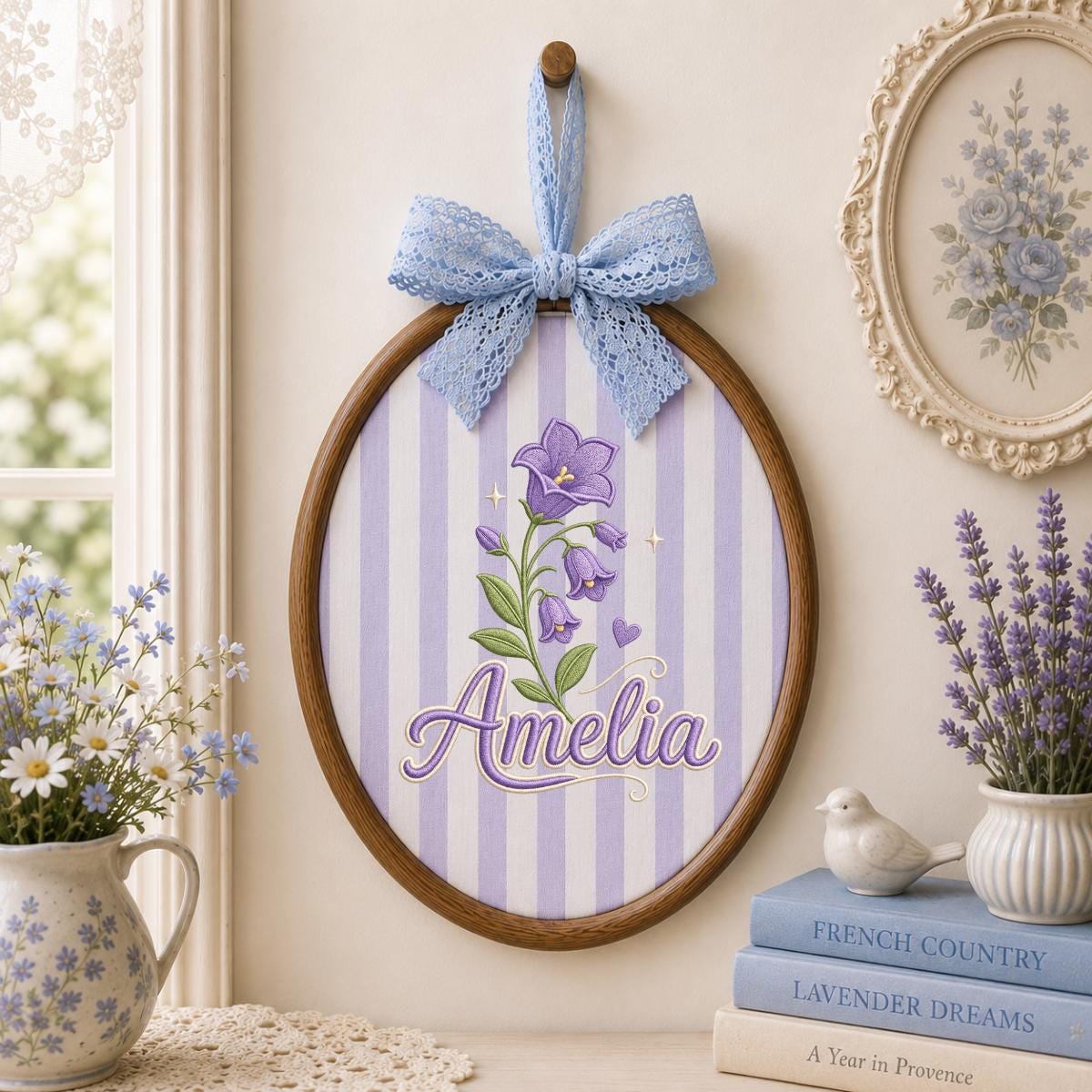 Personalized Embroidered Hoop Art, Custom Name Bellflower Nursery Decor, Lavender Floral Wall Hanging