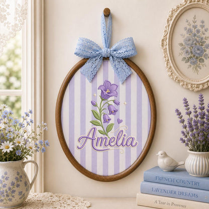 Personalized Embroidered Hoop Art, Custom Name Bellflower Nursery Decor, Lavender Floral Wall Hanging