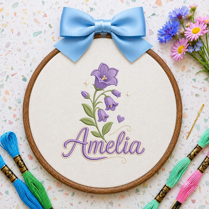 Personalized Embroidered Hoop Art, Custom Name Bellflower Nursery Decor, Lavender Floral Wall Hanging