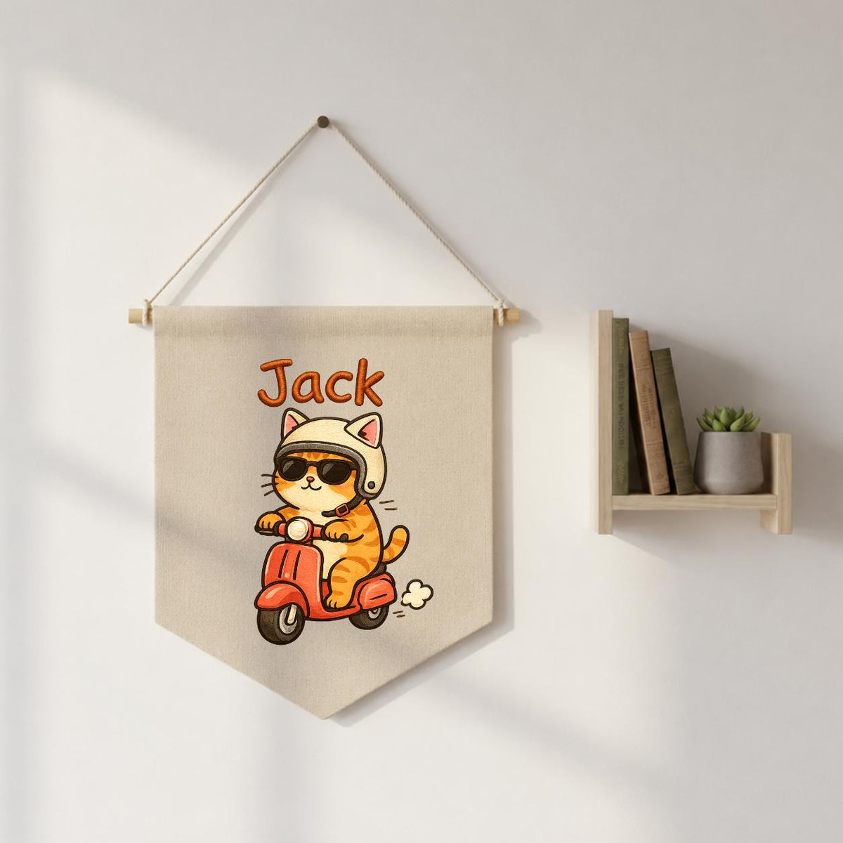 Personalized Ginger Cat Scooter Linen Banner, Embroidered Name Wall Hanging