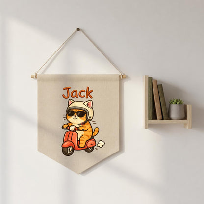 Personalized Ginger Cat Scooter Linen Banner, Embroidered Name Wall Hanging